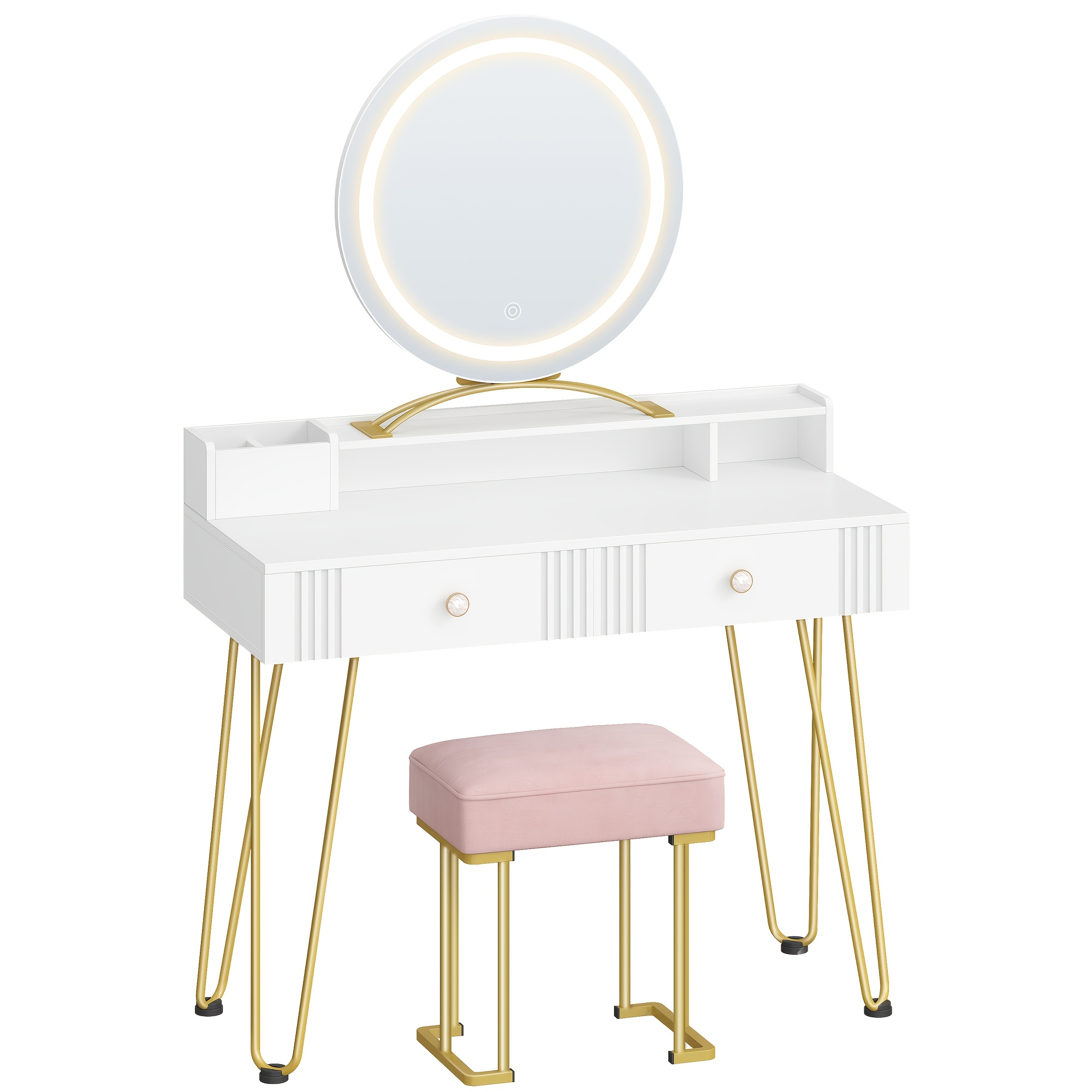 Dressing Table With Stool And Lighting, Dressing Table With Mirror, 40 X 90 X 140 Cm, Dressing Tables With Drawers, Pink Upholstered Stool, Bedroom, Modern, Matte White And Golden