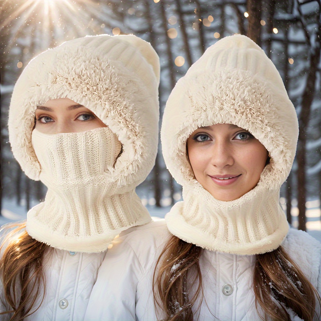 Image of 1pc, Winter Fleece-lined Knitted Hat With Ear Cover, Windproof And Warm Hooded Neck Leggings, Suitable For Outdoor Cycling Sports Hat