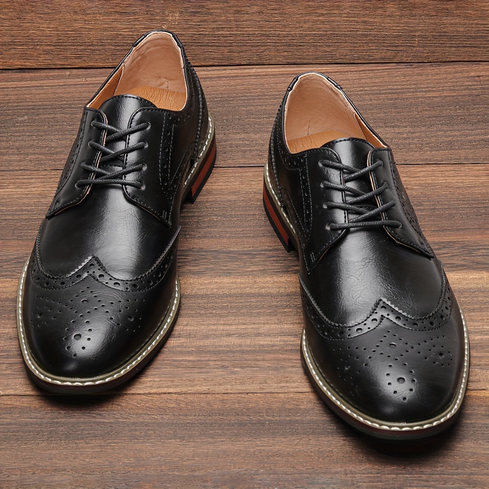 Men'S Black Brogue Oxford Dress Shoes - Lace-Up, Rubber Sole, Faux Upper, Ideal for Weddings & Business, All-Season Comfort, Wedding Shoes|Elegant Footwear|Rubber Sole Shoe