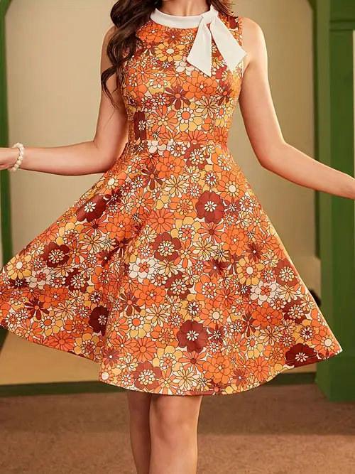 Vintage Orange Floral Tie-Back Sleeveless Dress, Retro Style, Bright Warm-* Floral Print, Fitted Flared Skirt Vintage Orange Floral Tie-Back Sleeveless Dress, Retro Style, Bright Warm-* Floral Print, Fitted Flared Skirt