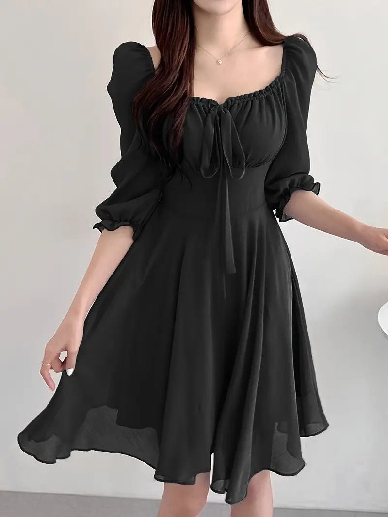 knee length dresses flowy Seta T Women's Long Sleeve Dresses Square Neck High Waist Flowy Casual Knee Length Dress with Pockets Fall Clothing Small Black at Amazon Women's Clothing store