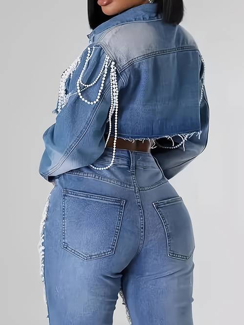 denim jacket for women cropped pearls blue jean jackets trendy short coat clubwear