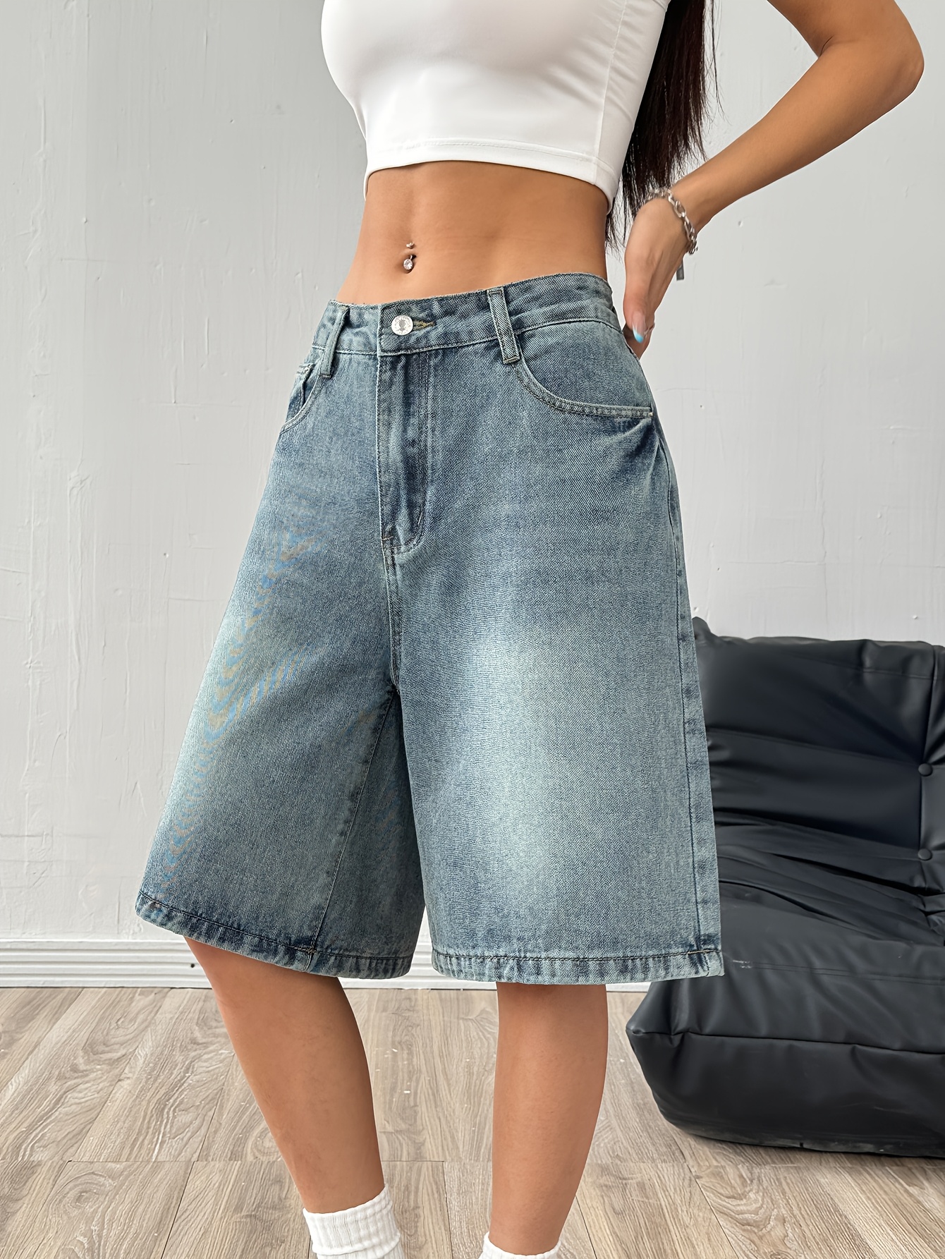 Bermuda Jean Ancha Women'S Vintage Wash Denim Shorts Loose Fit