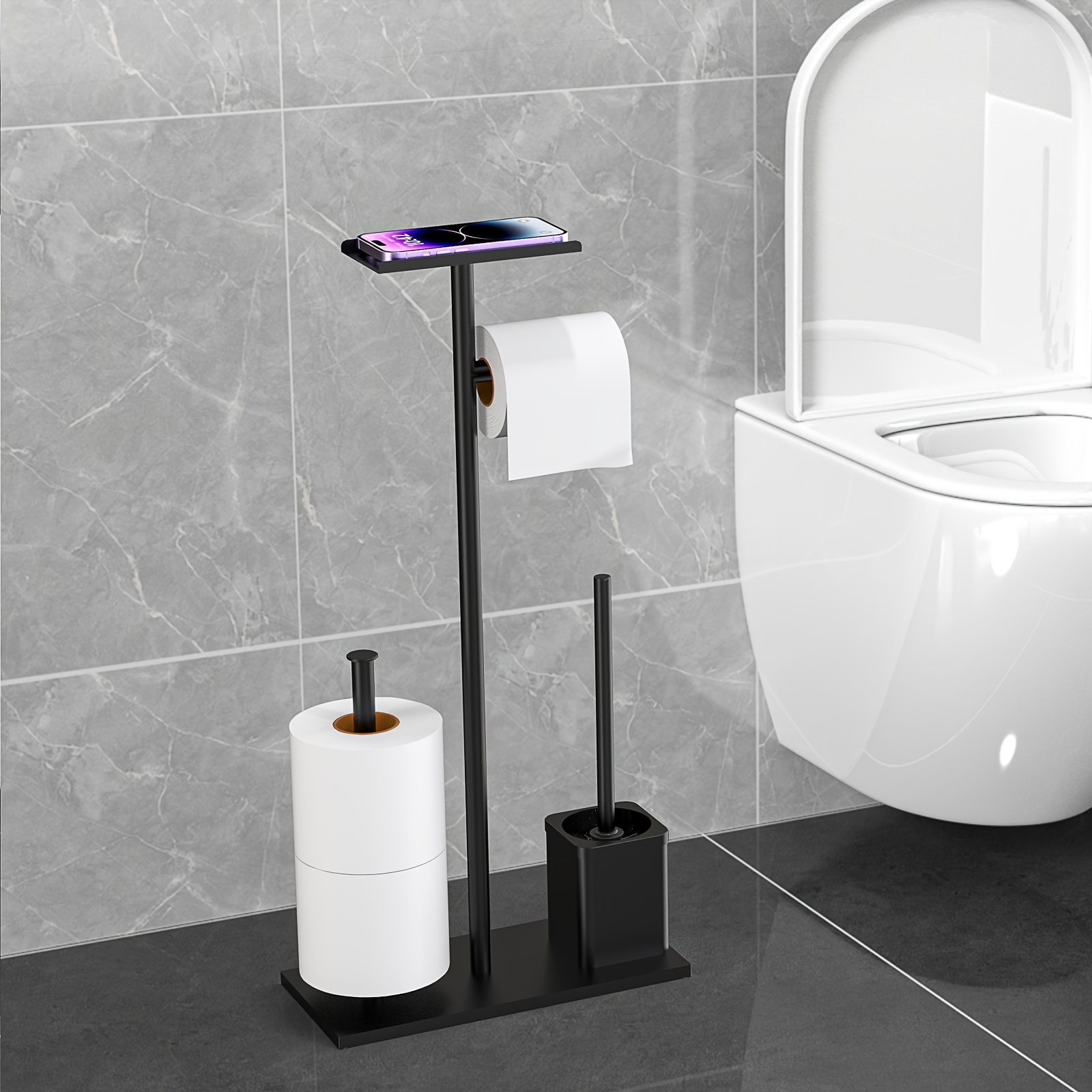 Image of Matte Standing Toilet Roll Holder With Shelf For Wet Wipes, Brush Holder - Cast Iron, Toilet Roll Holder, Toilet Brush