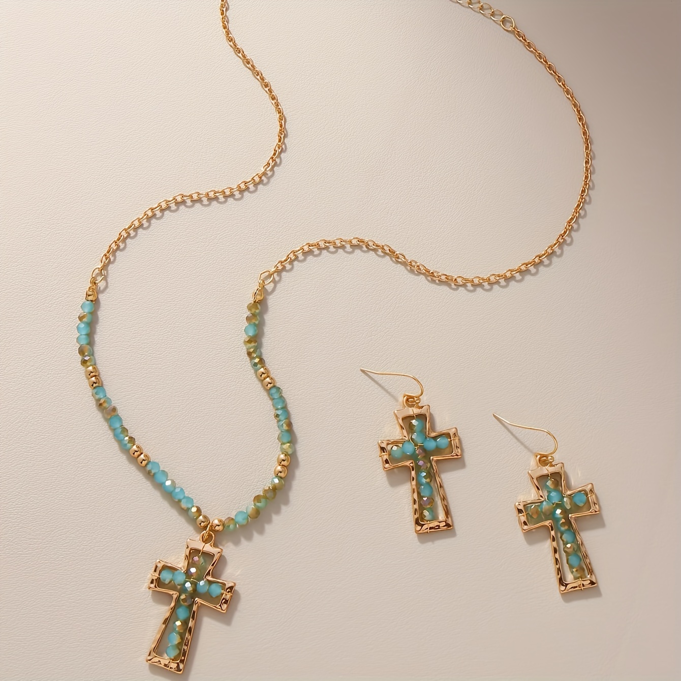 

3pcs/set Elegant Faux Turquoise Blue Beaded Necklace With Cross Pendant & Earrings, Simple Bohemian Vacation Style, Adjustable Chain Jewelry Set