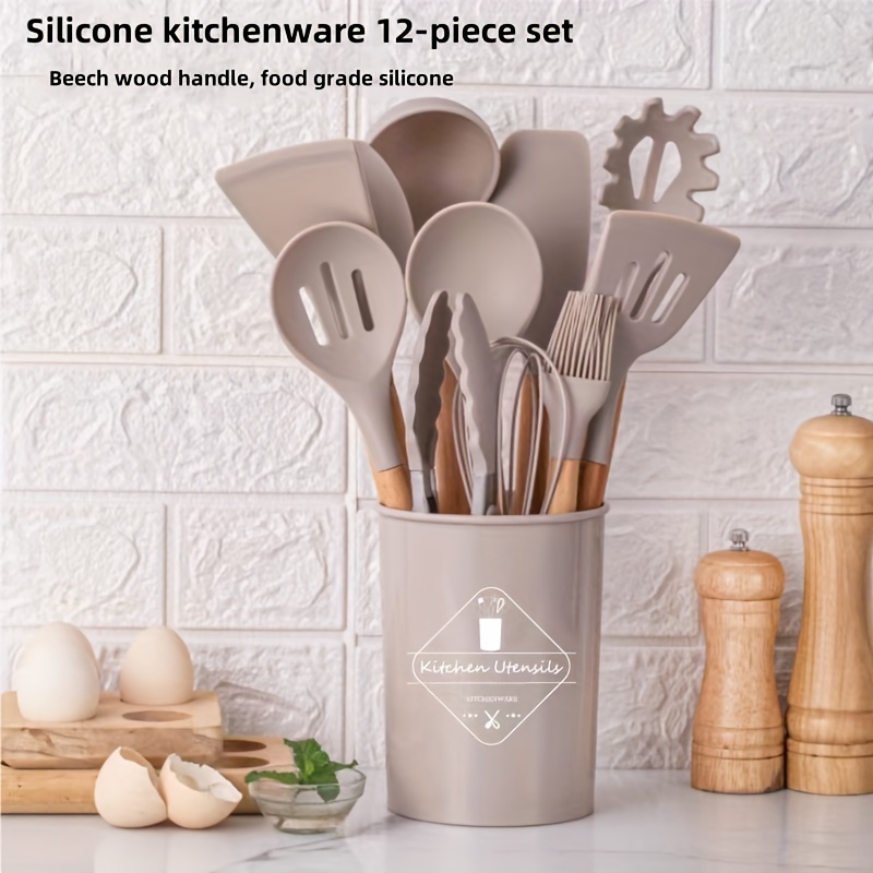 

Khaki Silicone Cooking Utensils 12-piece Silicone + Wooden Handle Shovel Spoon Clip Brush Storage Bucket Non-stick Pan Heat-resistant Home Kitchen Utensils Set