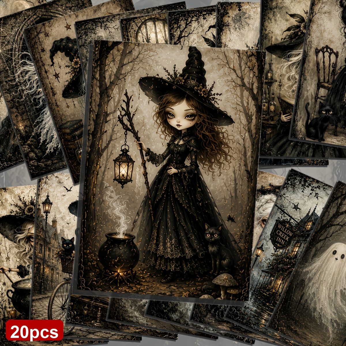 TEMU 20pcs Vintage Gothic Postcards - Dark Academia Halloween Magic Illustrations For Scrapbooking, Art Prints, Spooky Decorative Cards.