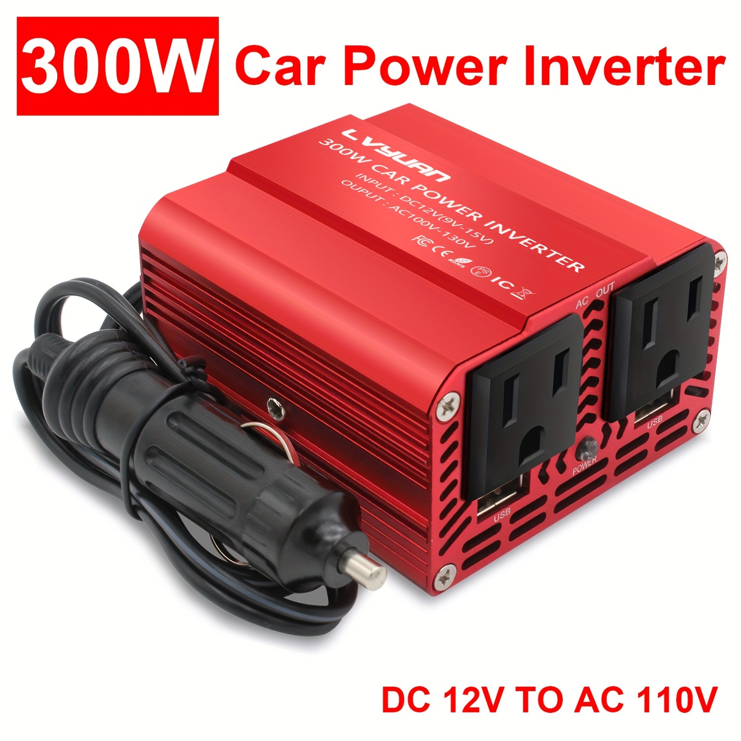 

300w Inverter 12v To 110v Ac Car Charger Adapter With 3.1a Dual Usb Car Adapter For Plug Outlet Red