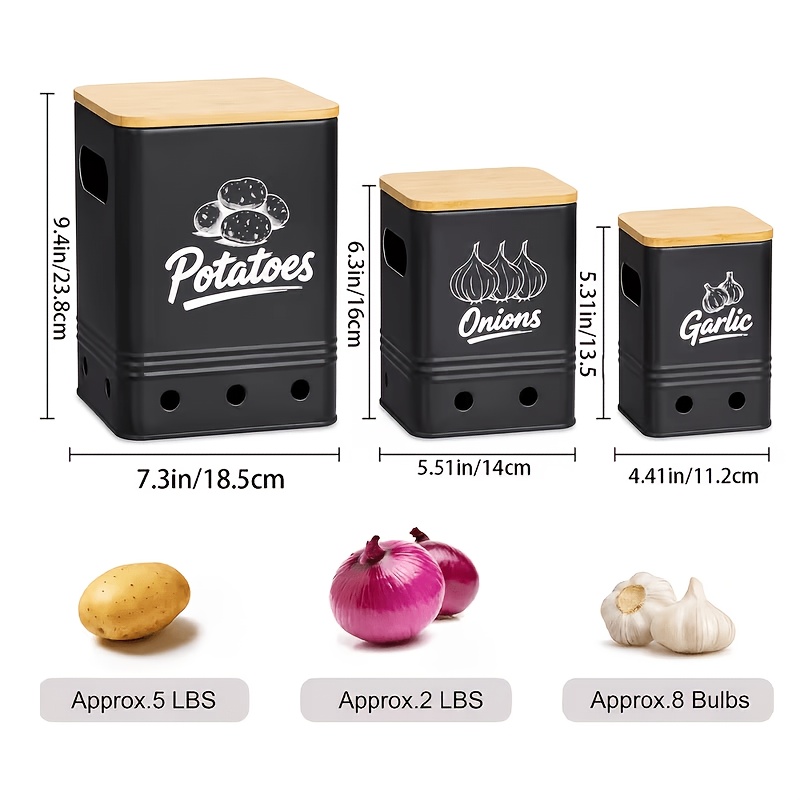 TEMU Potato Onion Garlic Storage Set Of 3 Ventilated Iron Canisters With Bamboo Lids - Potato And Onion Storage Bin For Pantry - Kitchen Vegetable