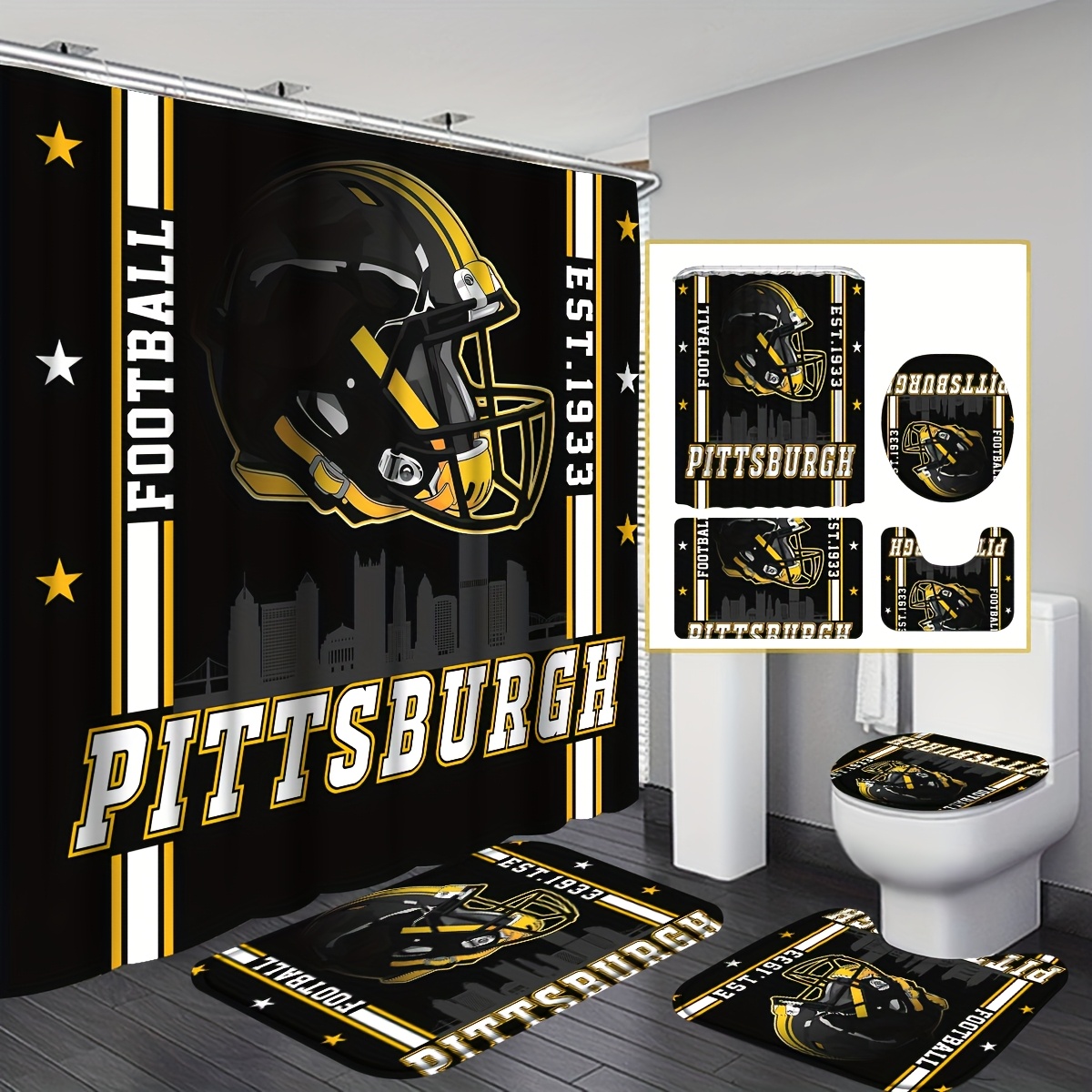 TEMU 4pcs 1933 Football Team Bathroom Shower Curtain Set, Football Team Helmet Bathroom Curtain With 12 Hooks, Bathroom Non Slip Rugs, Toilet Cover Mat, Bathroom , Sport Themed Room Decor,