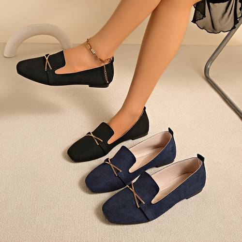 a pair of solid color stylish all metal flat soled square toe womens shoes for office home outdoors gym parties weddings holidays and beach wear suitable for women shoes