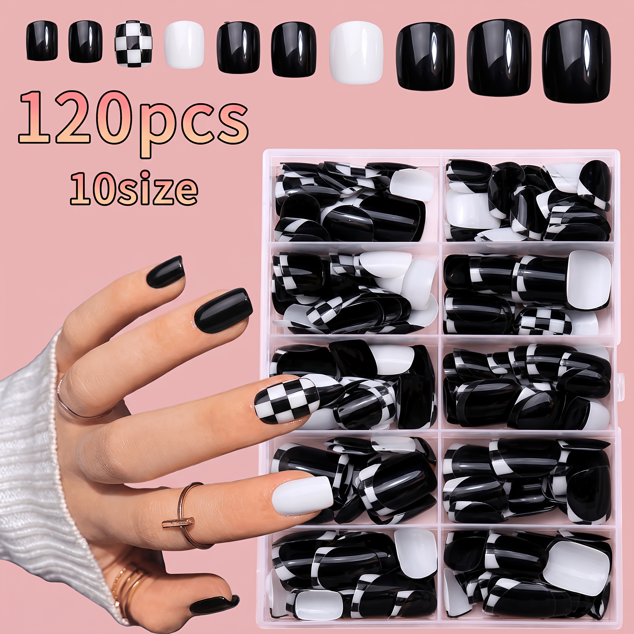 TEMU 120pcs Short Square Press On Nails Suitable For Women & - Solid Black & White Checkerboard Grid With Glossy, 10 Sizes Full Coverage Short Length