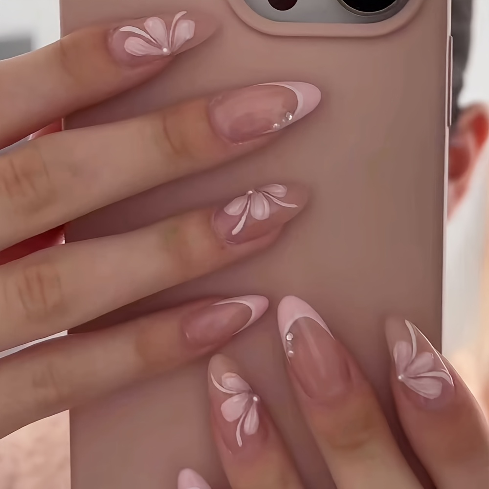 TEMU 24 stuks lange amandelvormige druk-op nagels, met een zachte en etherische Pure-desire-stijl die de elegantie van de Franse stijl combineert met