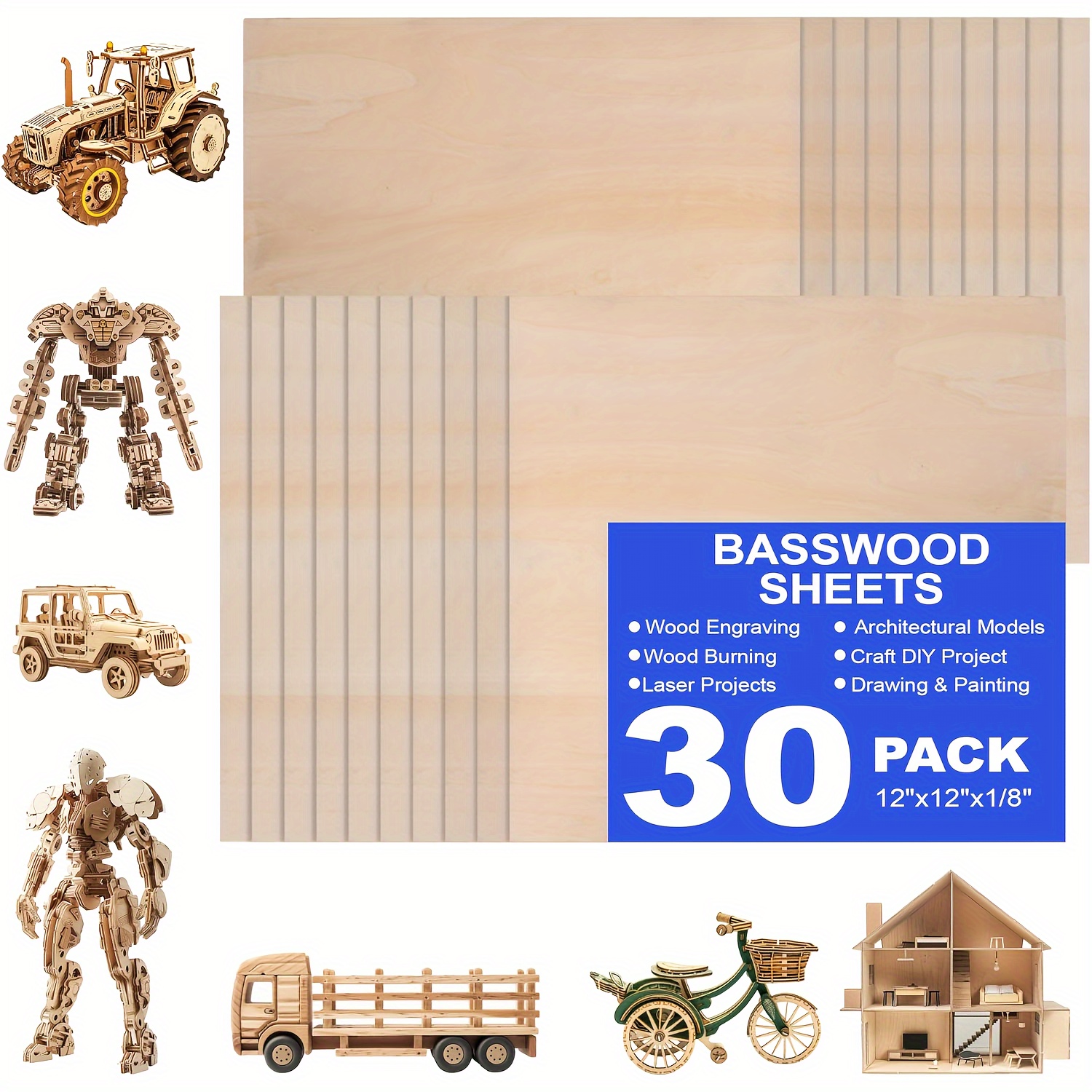 Image of Dofiki 30pcs Plywood Sheets 300'x300x3mm Thick) - Ideal For Diy Ornaments, Model Engraving, Laser Cutting, Architectural Models, Drawing & Wood Burning, Crafts, Basswood