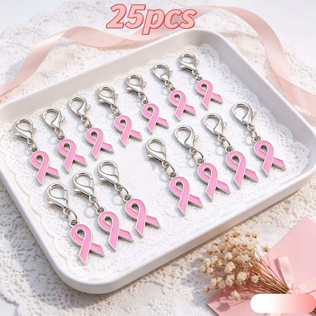 TEMU 25pcs Pack Pink Ribbon Keyring Bulk For Women Ladies Adults - Seasonal Birthday Party Anniversary Gift - Coquette Pink Series Heart Charm With