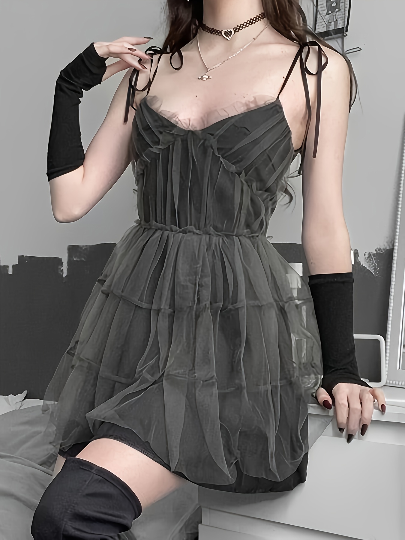 summer hot dark gothic style dark gray mesh suspender dress - Temu Mauritius