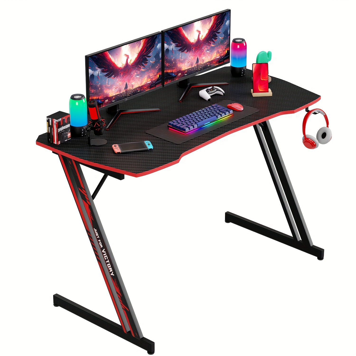 

Gaming Desk Computer Desk Office Desk Modern Z-shaped Computer Table With Headphone Hooks And Carbon Fiber Surface