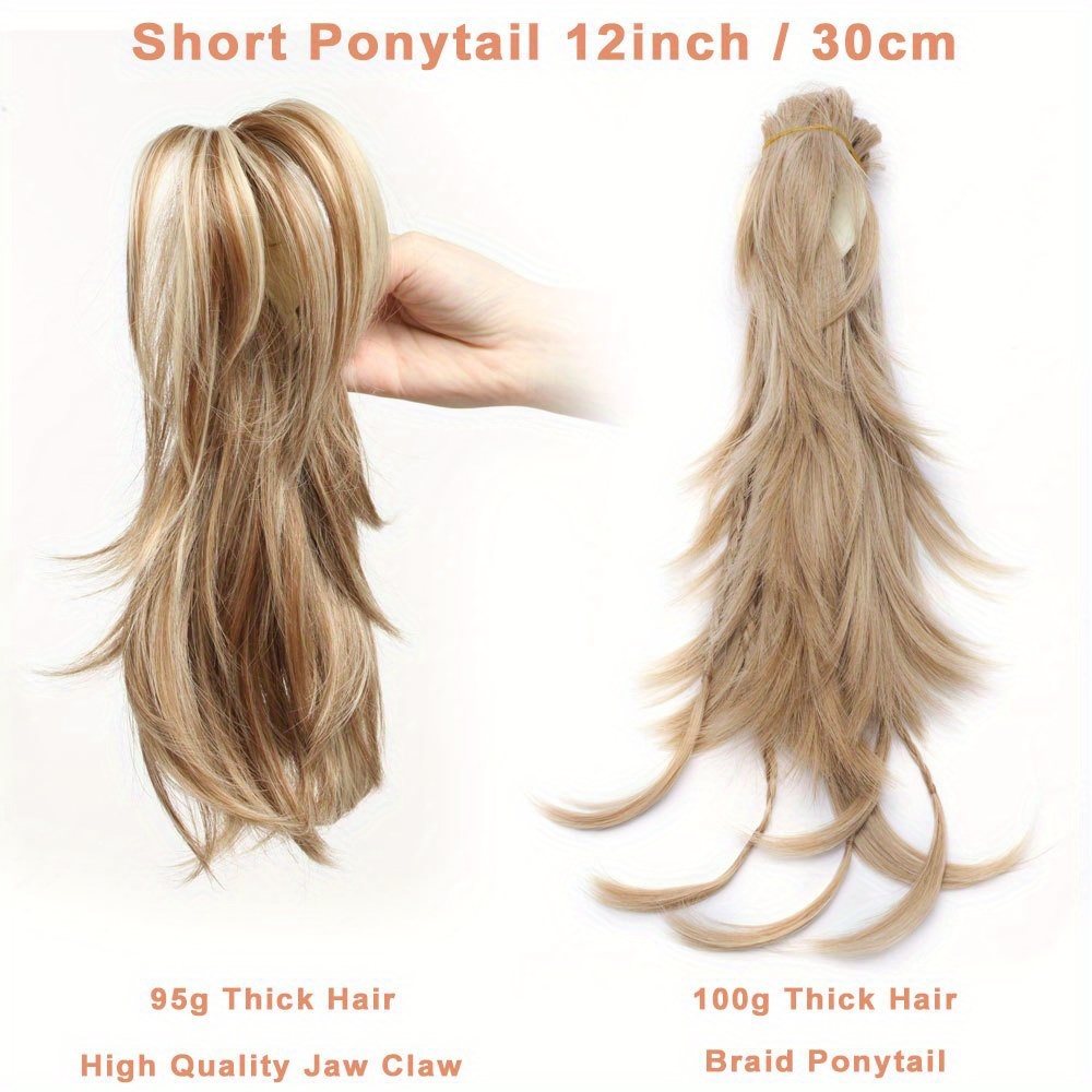 12 inch adjustable messy style ponytail clip on straight wig short extensions hair synthetic hairpiece details 3