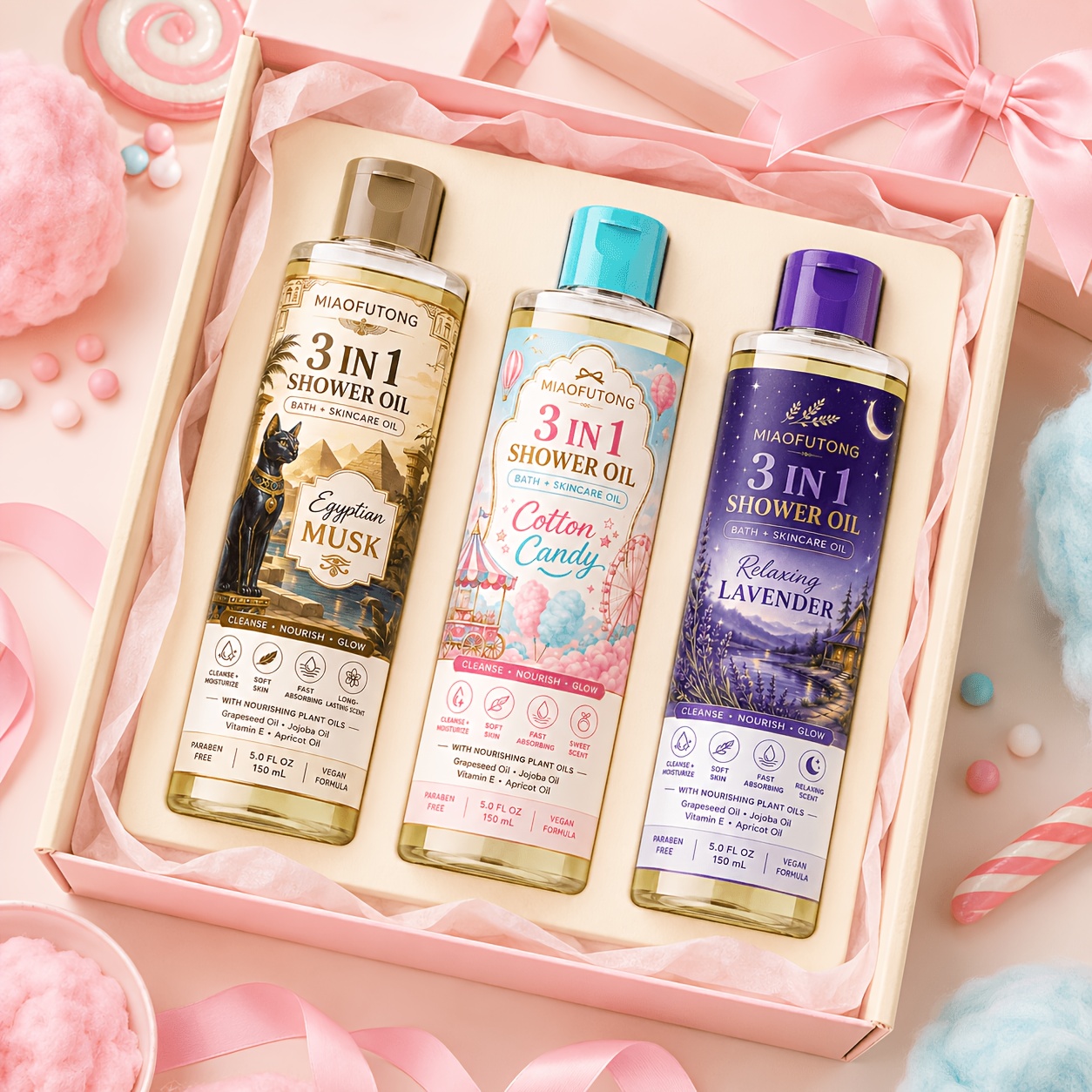 3pcs Oil-infused Skincare Bath Oil Set - Egyptian Musk, Candy And Lavender. Moisturizing Body Oil For Dry Skin. Cleanses And Hydrates For . Perfect Gift