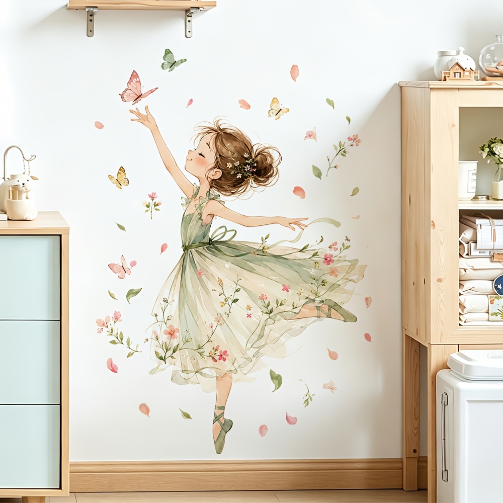 TEMU 1pc, Artistic Ballet Girl Wall Sticker For Living Room Bedroom Background Wall, Petal Self-adhesive Decorative Sticker