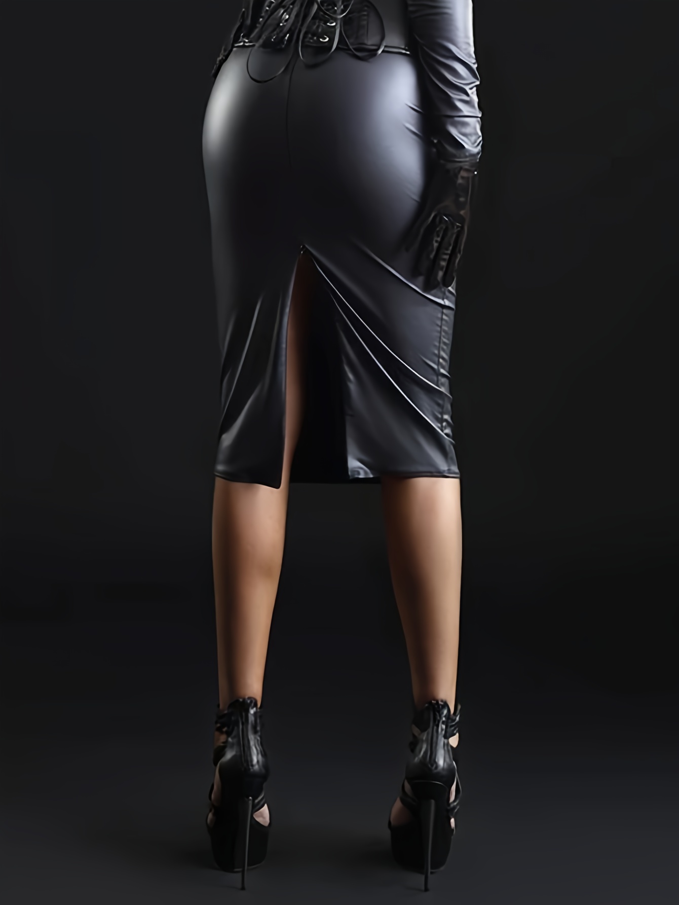 slim fit dress slacks Faux Leather Lace Illusion Midi Dress  bebe