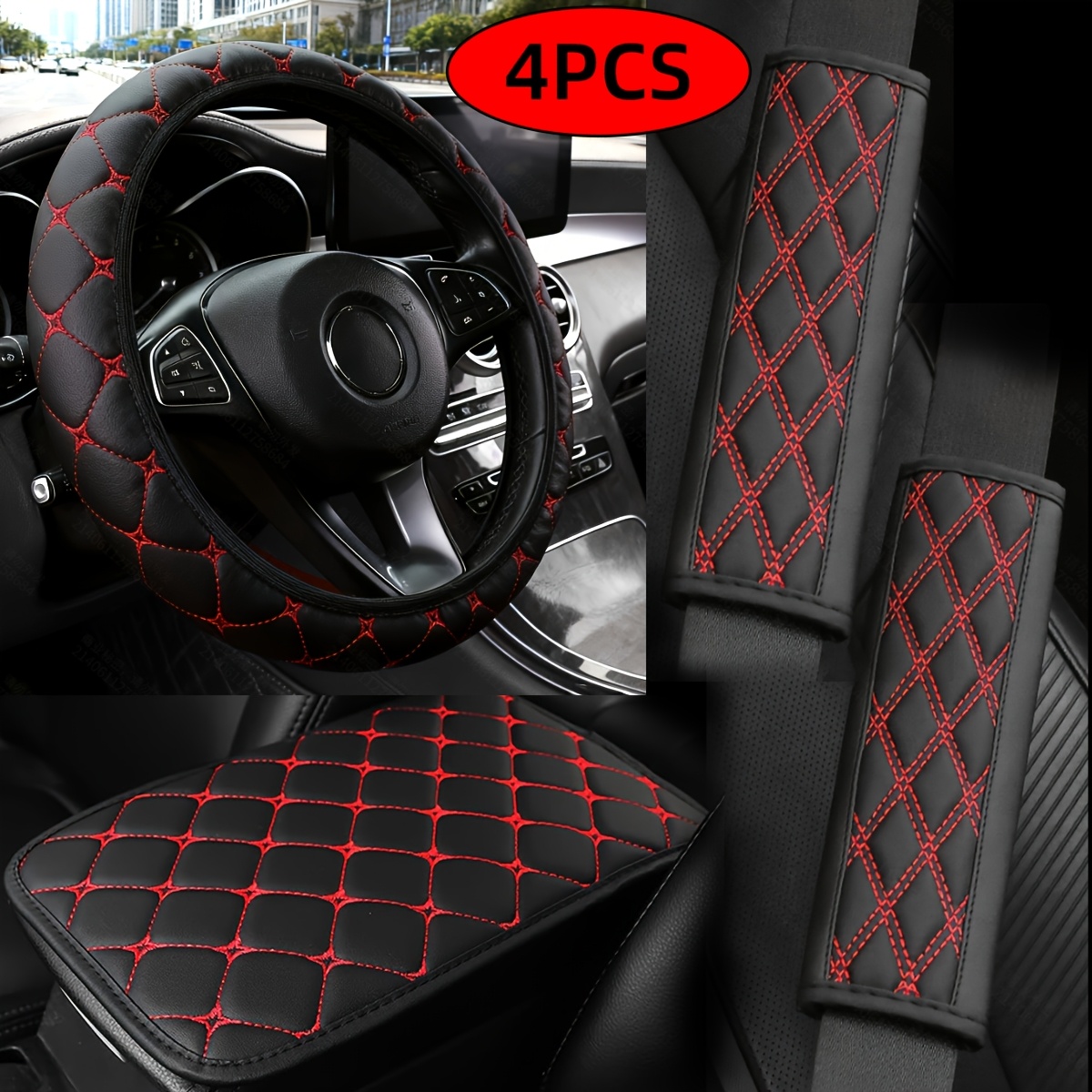 TEMU 4pcs Car Interior Accessory Set, Universal Size, Suitable For Car Models. Includes Steering Wheel Cover, Seat Belt Shoulder Pads, And Center