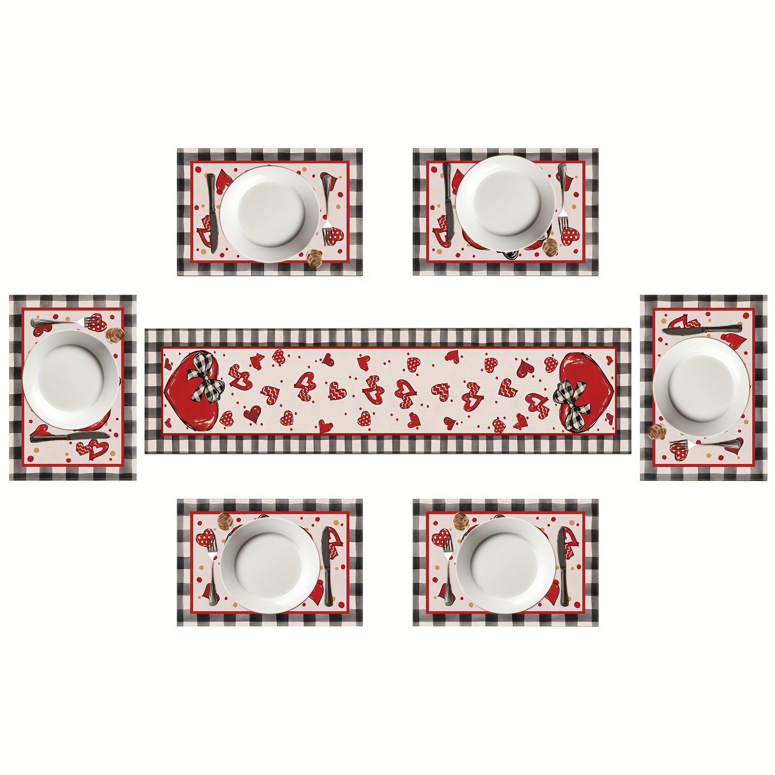 

A Set Of Valentine's Day Tablecloth And Placemats, Featuring Red Heart Polka Dot Decorations For A Farmhouse Dining Table, Suitable For Kitchen Dining Rooms And Indoor Or Outdoor Dinners.