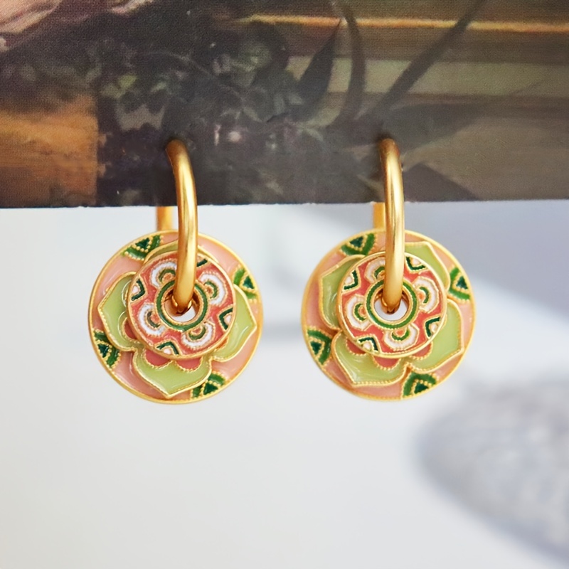 

1 Pair Vintage Chinese Trendy Style Flower Hoop Earrings Exquisite Luxury Ethnic Style Stacking Enamel Round Piece Hoop Earrings