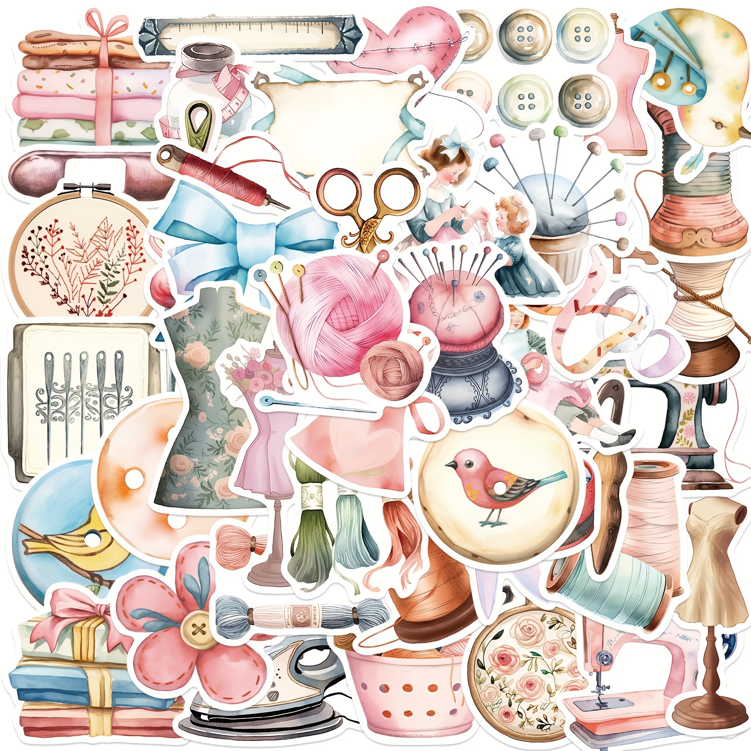 Image of Set Of 50 Sewing Machine Stickers For Uses Including Scrapbooking, Journaling, And Decorating Laptops, Bumpers, Skateboards, Water Bottles, Computers, Phones, Hard Hats, And