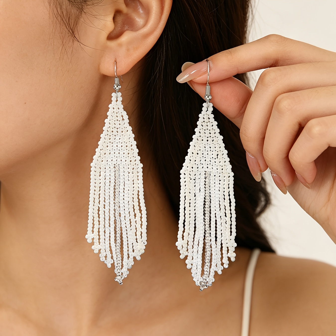 TEMU Handmade Bohemian Beaded Earrings, , White Gradient Long Tassel Dangle, Tassel Earrings, Versatile Gift For Women' And Vacation Wear, Everyday