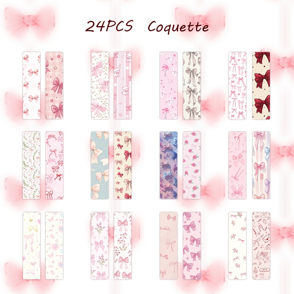 A Set Of 24 Pink-themed Bow Bookmarks - Featuring Elements Like Bows, Hearts, Floral Patterns, And Rabbits, Perfect For , Decorating Envelopes, And A To Gifts. Ideal For Young, Made Of Thick Cardstock