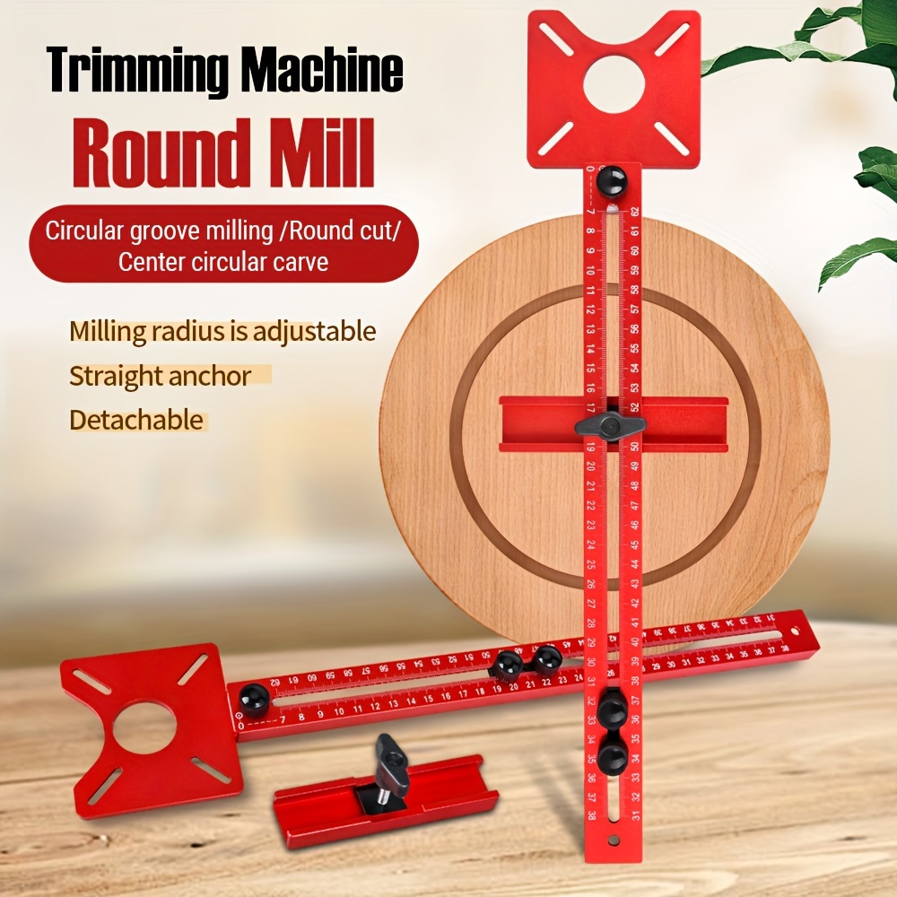 

1pc Adjustable Woodworking Trimming Machine Bracket, Red Aluminum Alloy Round Hole Opening Jig, Circular Groove Milling Tool With Clear Calibration, Detachable Anchor Guide For Precision Cutting