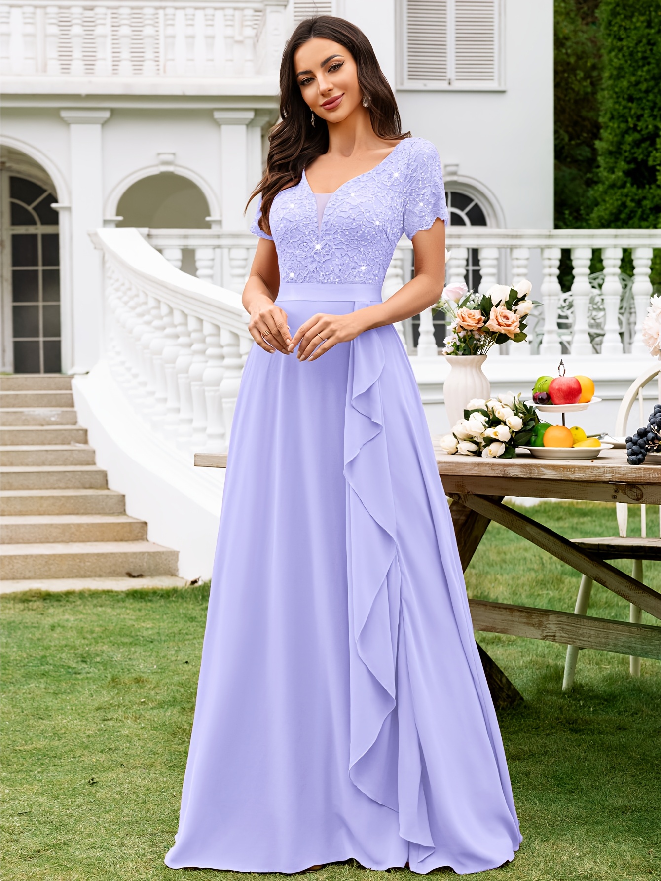 womens elegant v neck short sleeve wedding guest dress a
