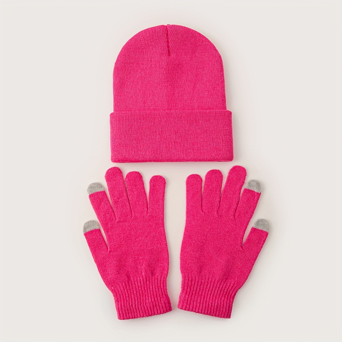 Image of 2pcs Solid Color Beanie + Touchscreen Gloves For Autumn And , Versatile Outfit Accessories