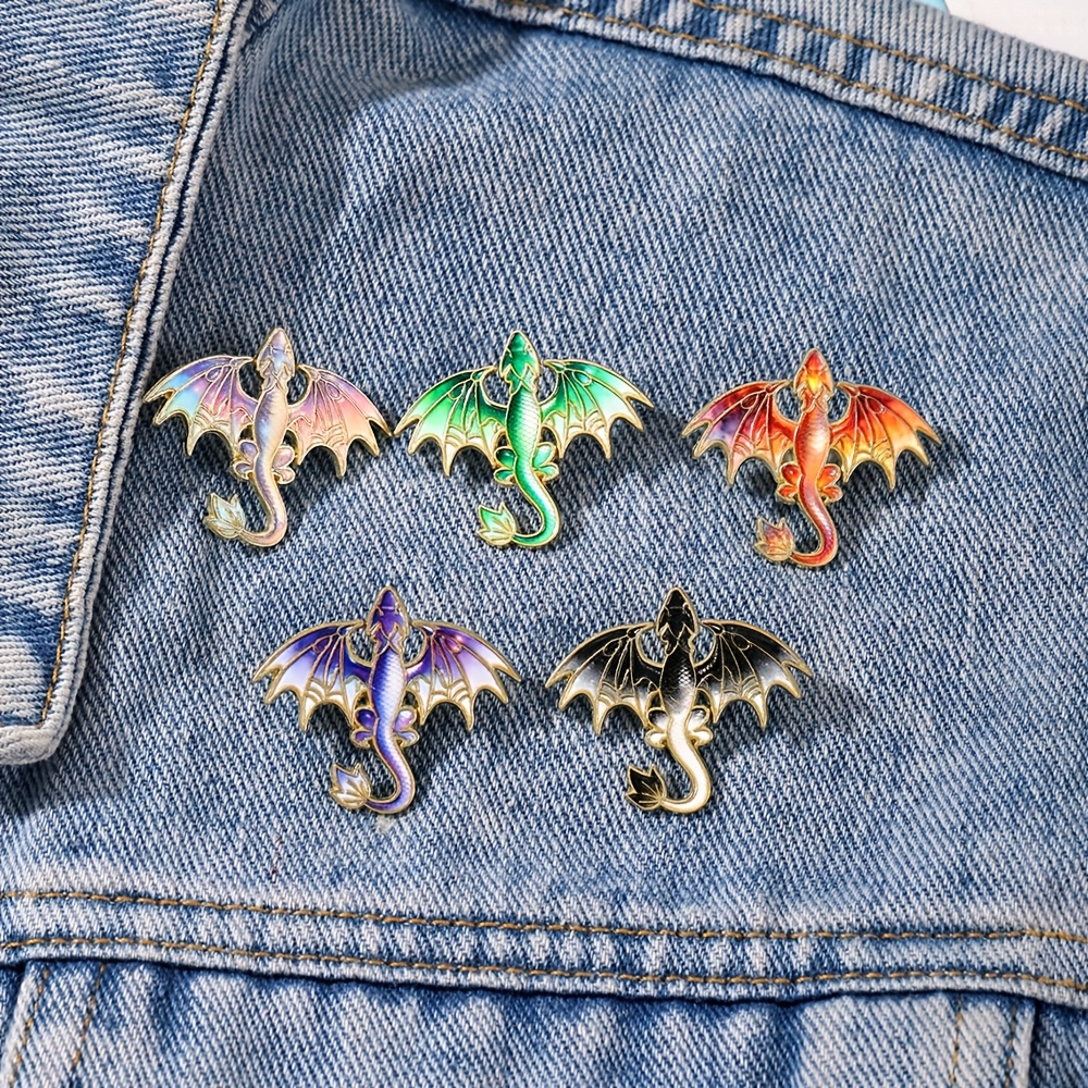 TEMU 5pcs Novelty Fantasy Dragon Metal Enamel Pins Set - Multicolor Mythical Flying Dragon Theme Brooches For , Novelty Magical Accessories, Medieval
