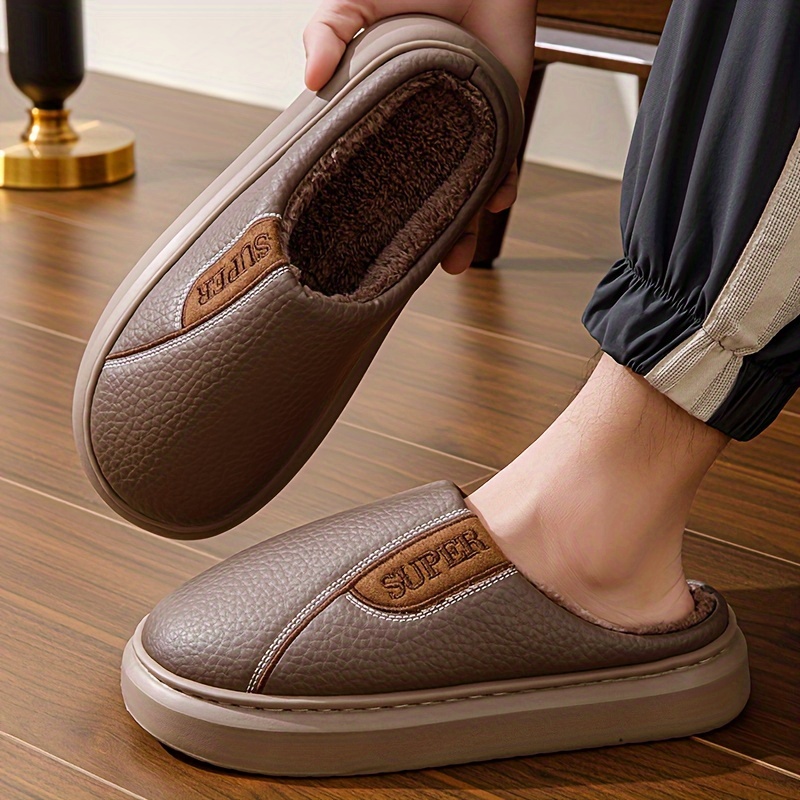 

Men' Slippers Cozy Fleece Lined Winter Indoor Outdoor Slip-on Shoes Solid Color Warm Non-slip Sole Pu Upper Round Toe