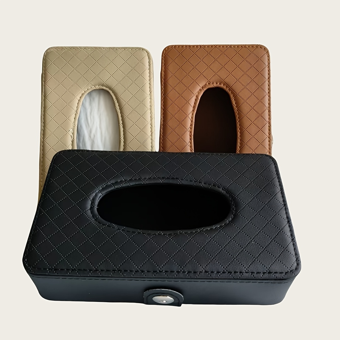 1pc car strap style checkered tissue box strap design pu leather     view car interior storage decoration multifunctional seat tissue box suitable for all cars Product details 1