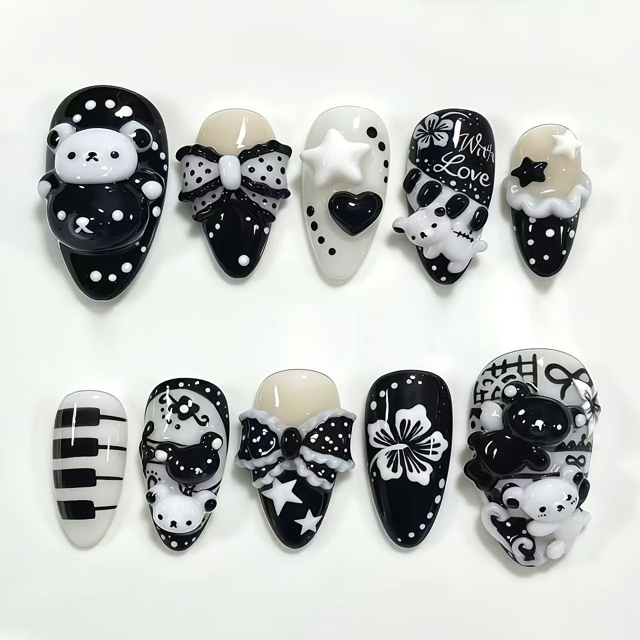 TEMU Black And Star Heart Sweet Cool Three-dimensional Bear Bowknot Press-on Nails, Short Dark Style Nail Stickers, 10pcs