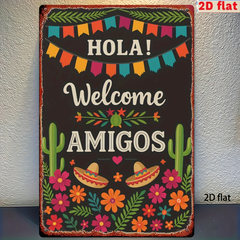 TEMU 2d Flat, 2d Flat Printed Wood, 1pc Mexican Welcome Sign—vintage "! Welcome " Wooden Wall Decor With Mexican Sombrero Design, Rustic Wood Art