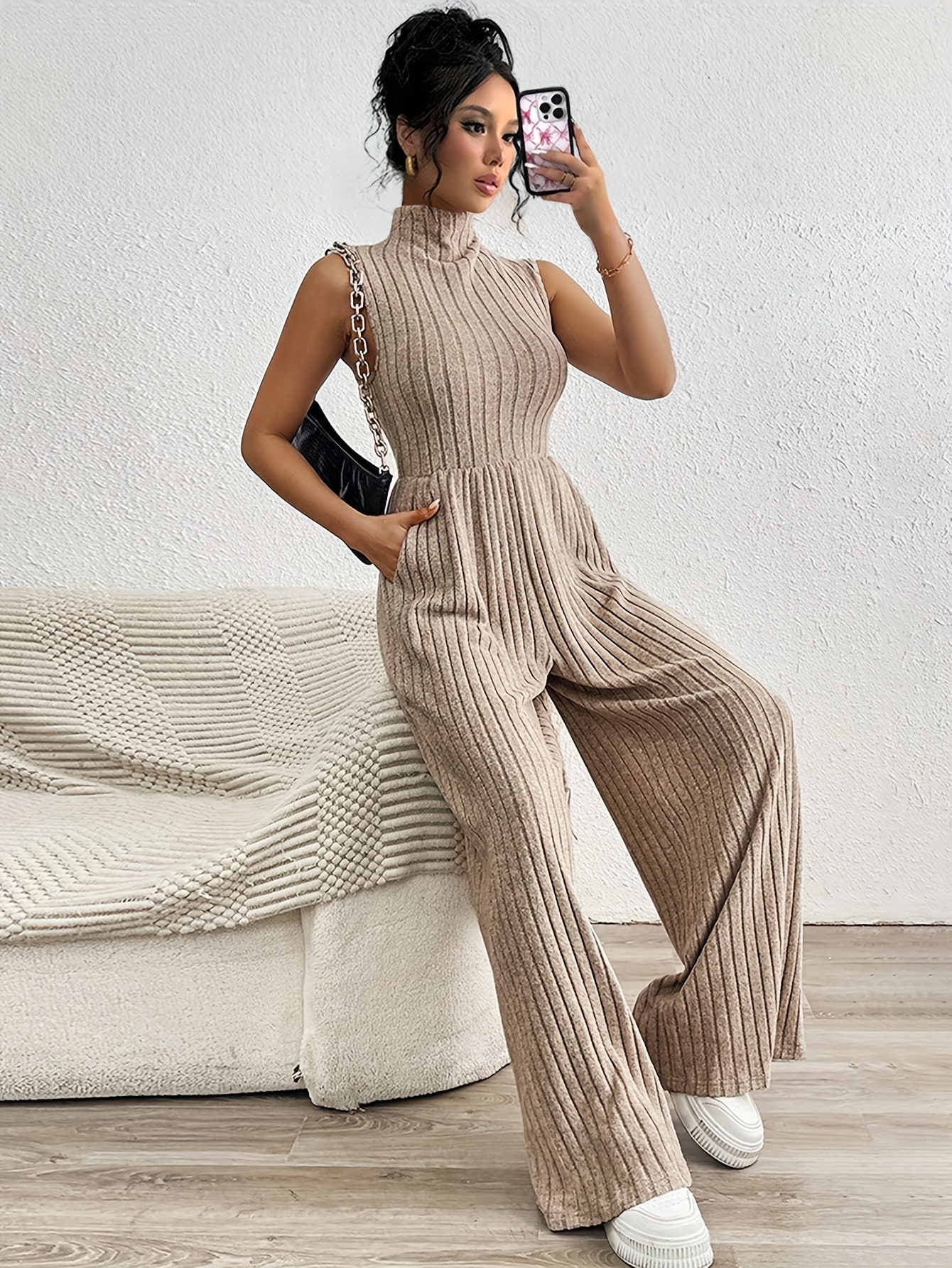 womens high neck sleeveless ribbed jumpsuit wide leg relaxed