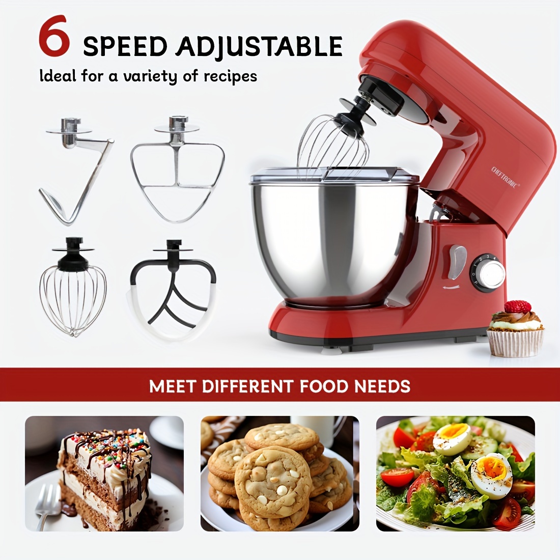 stand mixer 6 speeds 4 5 quart mixing bowl egg whisk flat mixing paddle dough hook and splash guard with pour spout red   985r details 1