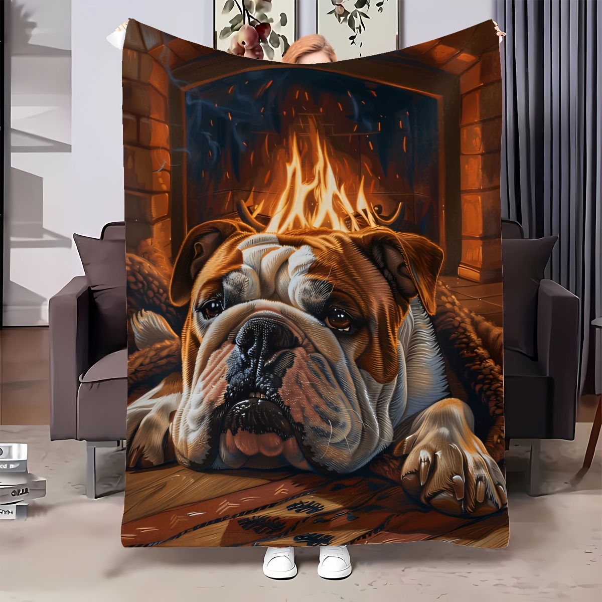 

Vintage Bulldog Throw Blanket - Jit 1pc Flannel Fleece, Animal Theme, Tear Resistant, Soft & Cozy - Office , Car Camping & Travel | Ideal Holiday Gift