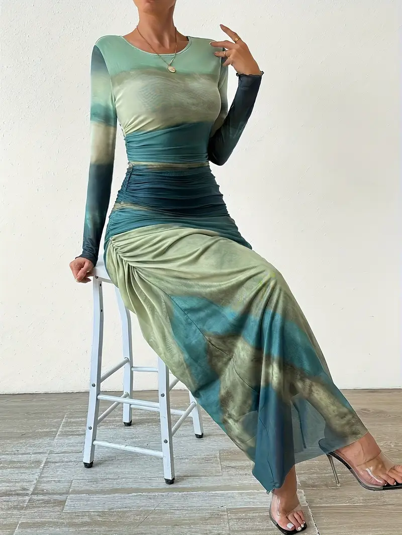 long sleeve ombre bodycon dress Pink Ombre Printed Mesh Ruched Long Sleeve Maxi Dress