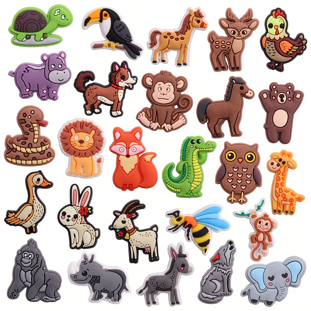 

26pcs/set Cartoon Animal Orangutan Donkey Wolf Elephant Rabbit Goat Monkey Hippo Bear Turtle Shoe Charms For Crocs Fit Wristbands Sandals Shoes Decoration, Unisex Gift