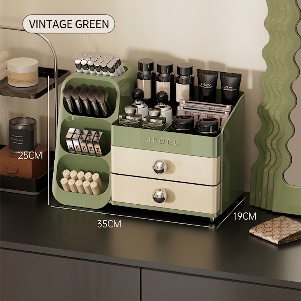 Image of 2-drawer Cosmetics Storage Box | Spacious Makeup Table With Brush Holder, Countertop Skincare Organizer, Wood Material