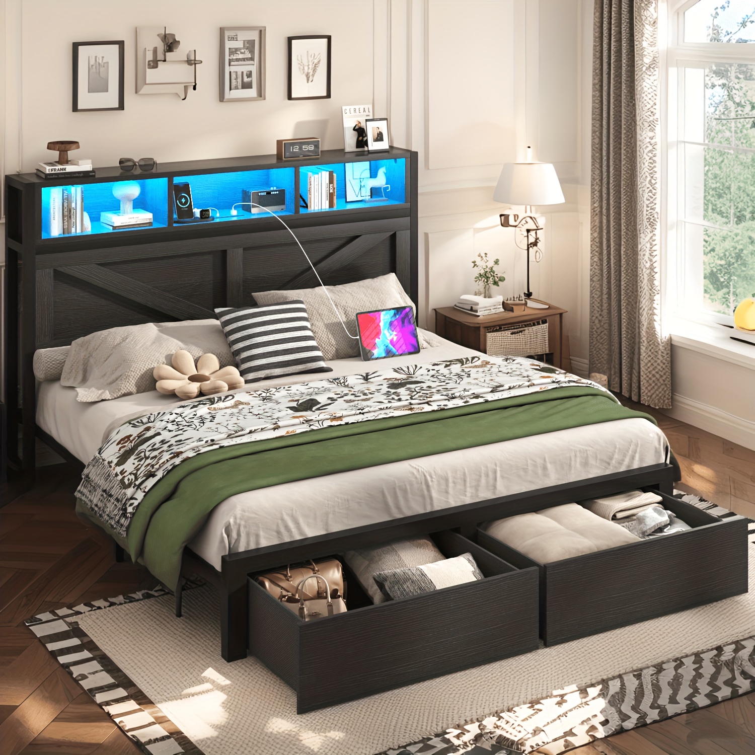 Farmhouse Bed Frame with Storage Headboard and Drawers, LED Light and Charging Outlet, Noise Free, No Box Spring Needed