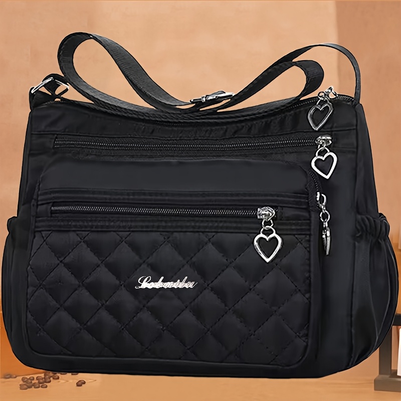 

Women's Casual Nylon Crossbody Bag, Shoulder Fashion Bag With Polyester Lining, Multiple Pockets And Heart-shaped Zipper Pulls - Black