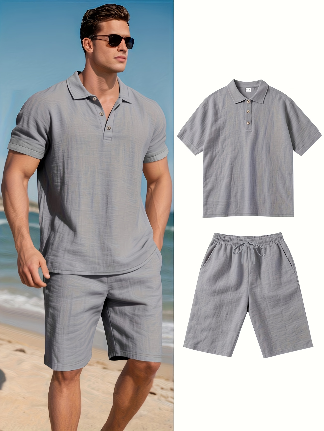 Ensemble Polo & Short en Lin Homme Ensemble de pantalons en lin pour homme, coupe ajustée, à séchage rapide et évacuant l