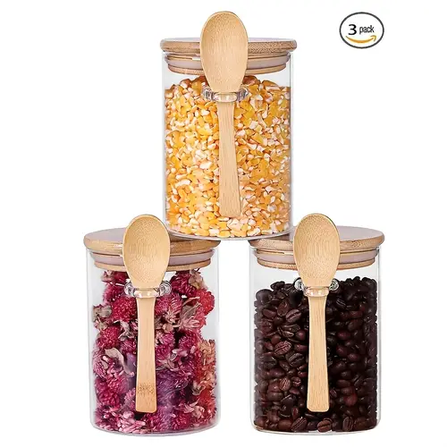 3 pack glass containers jars with bamboo lid and spoon food storage jar set kitchen glass canisters for coffee beans tea flour nuts candy cookie and more
