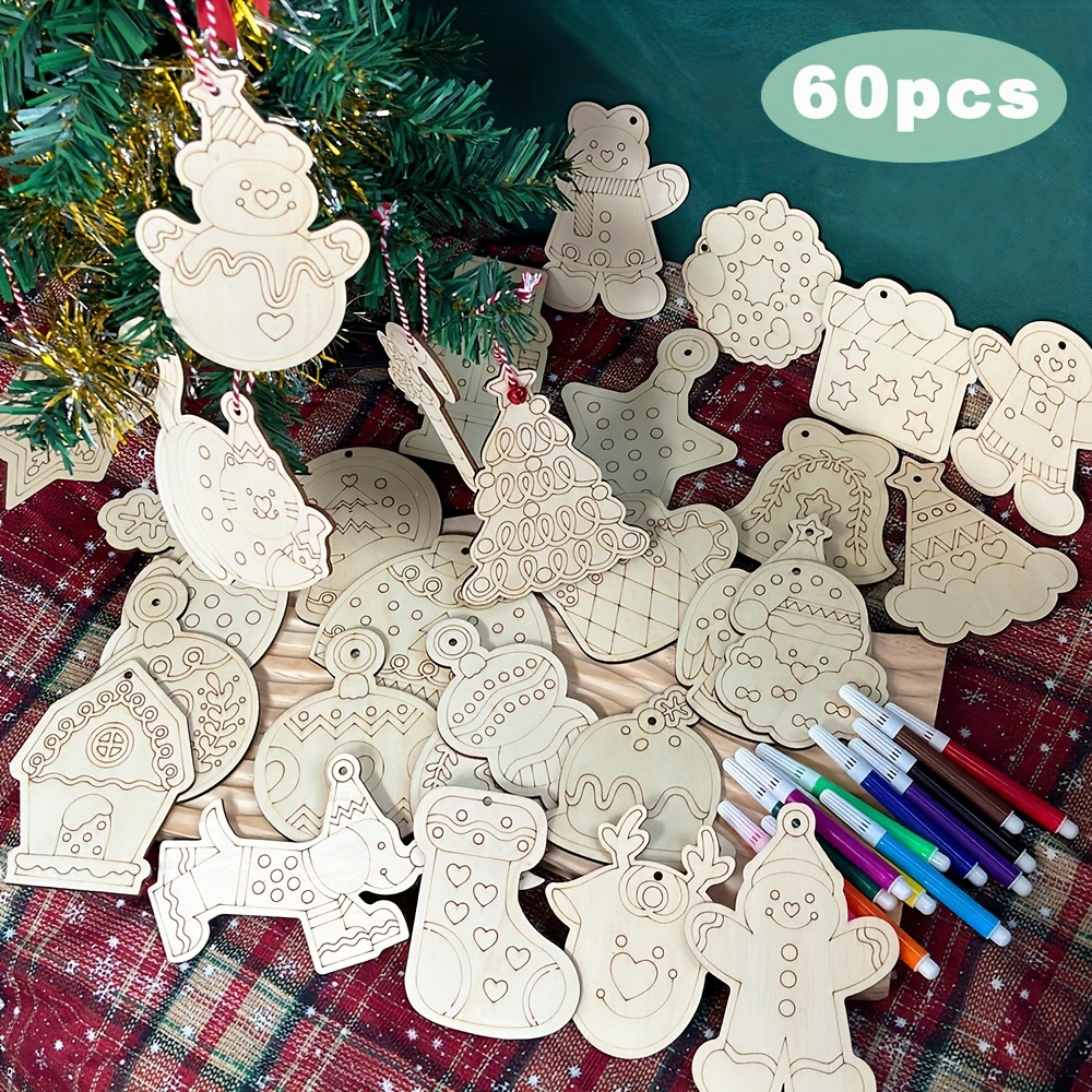 

60pcs Diy Christmas Set - Unfinished Wooden Slices For Crafts, 30 Hanging & Colored Markers Included, For Decorations & Wrapping